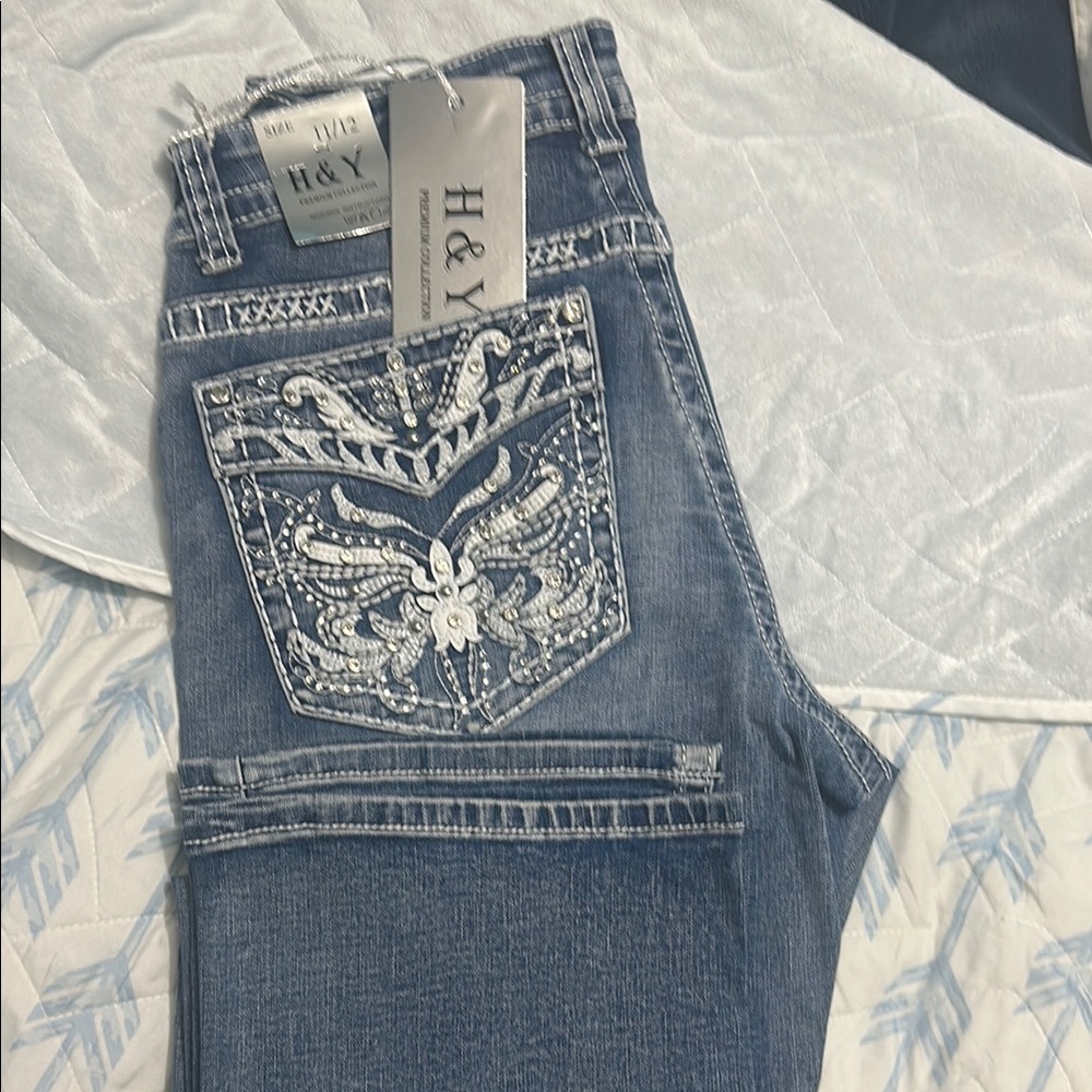 Blue Boot Cut Jeans with Ornate Design